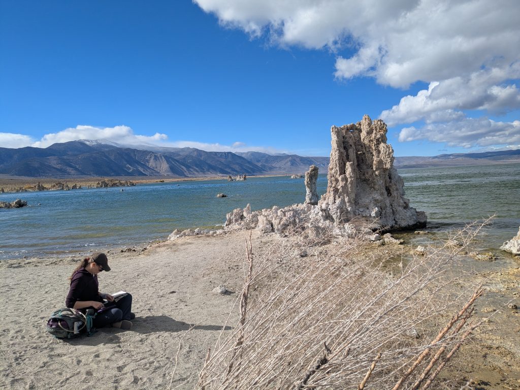 Journaler on the beach at Mono Lake with tufa