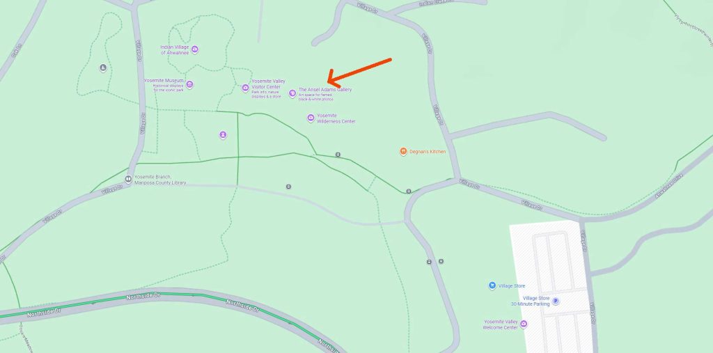 map of yosemite village with arrow to Ansel Adams Gallery